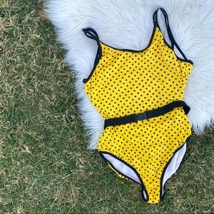 Vintage yellow black polka dot belted swimsuit XS small